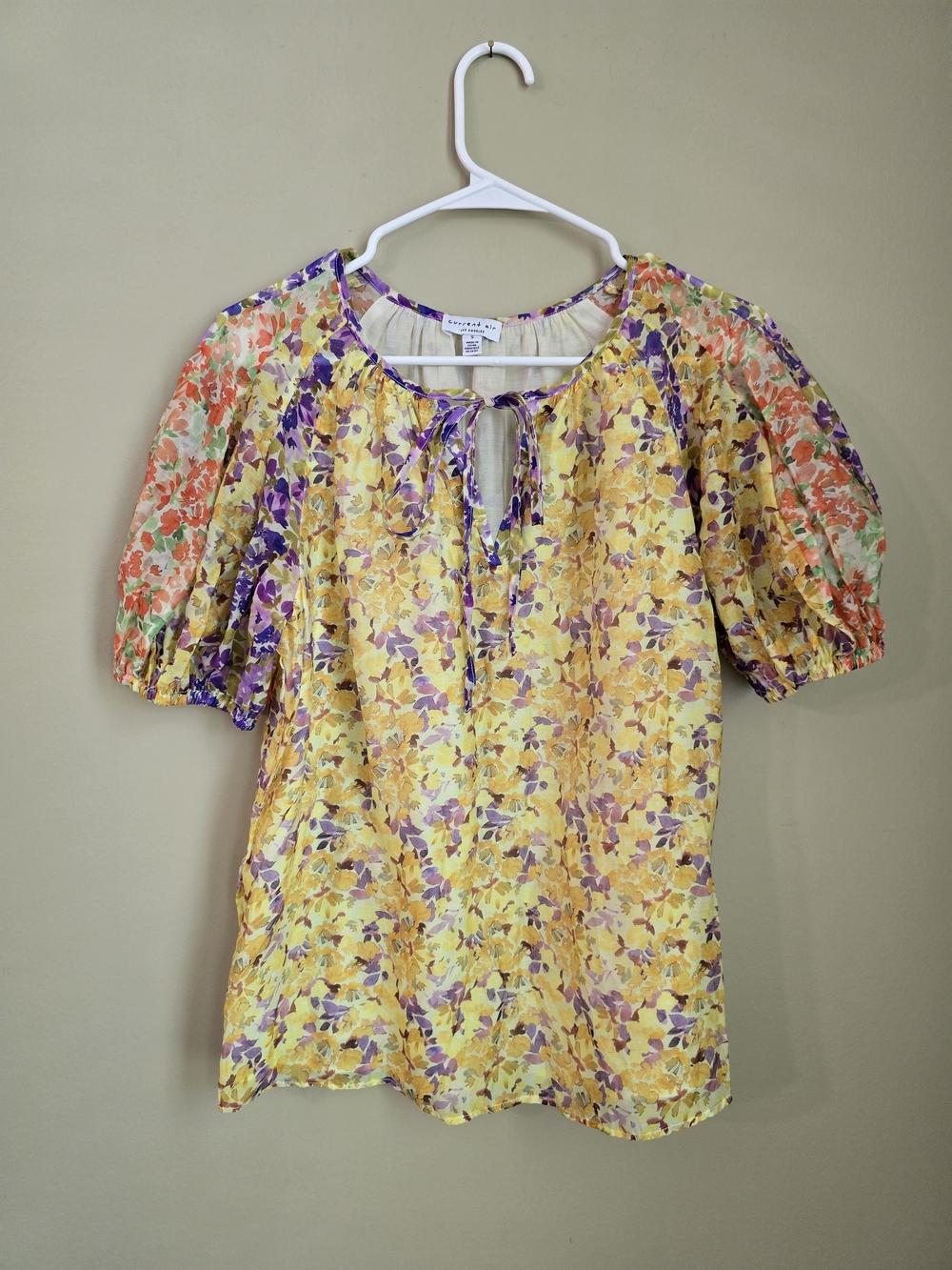 Current Air  Butter Yellow Floral Tie-Front Puff Sleeve Blouse Women Size S